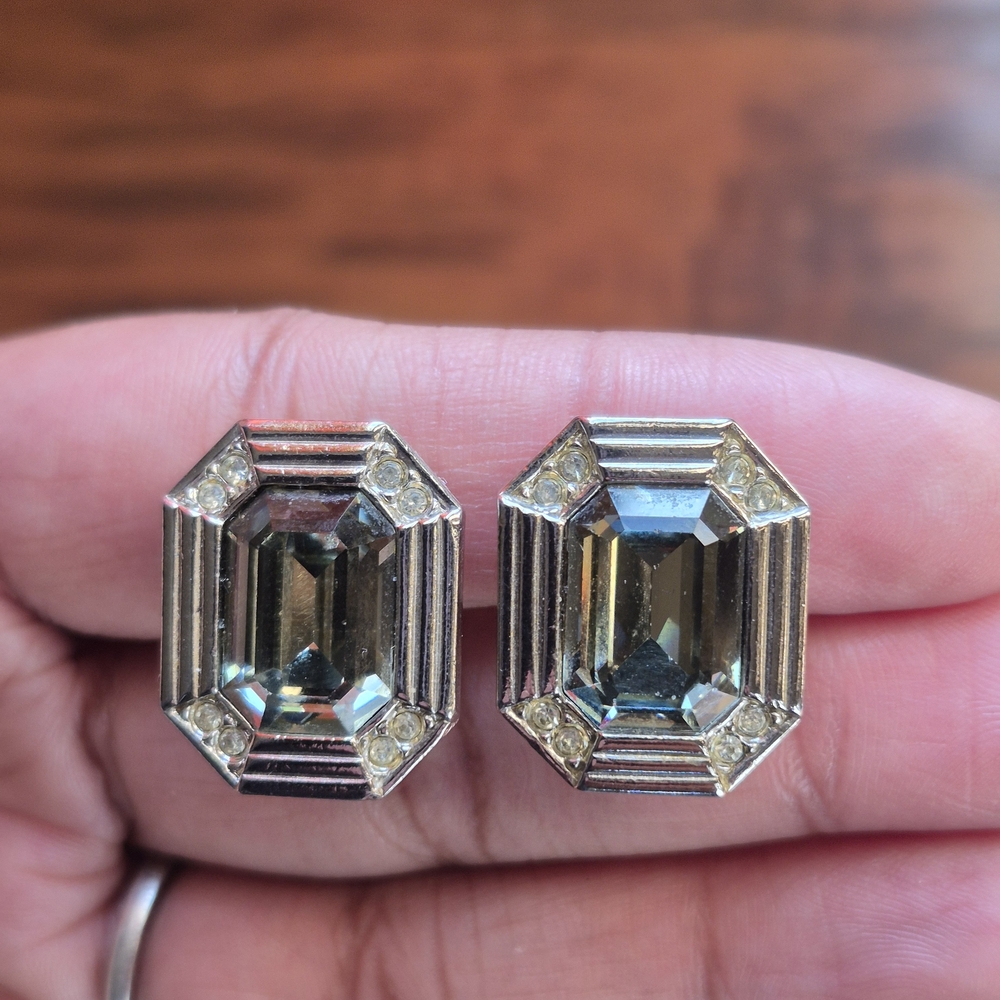 Vintage Art Deco Style Octagonal Crystal Clip Earrings